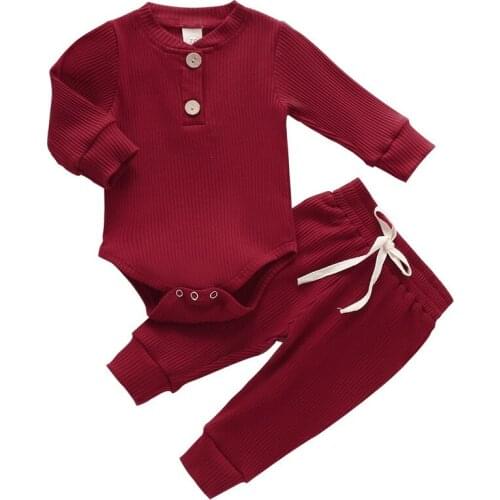 Newborn Clothes Set For Toddler Boys Girls Autumn Winter Long Sleeve Cotton Baby Outfits 2Pcs Solid Bodysuit+Trousers D30