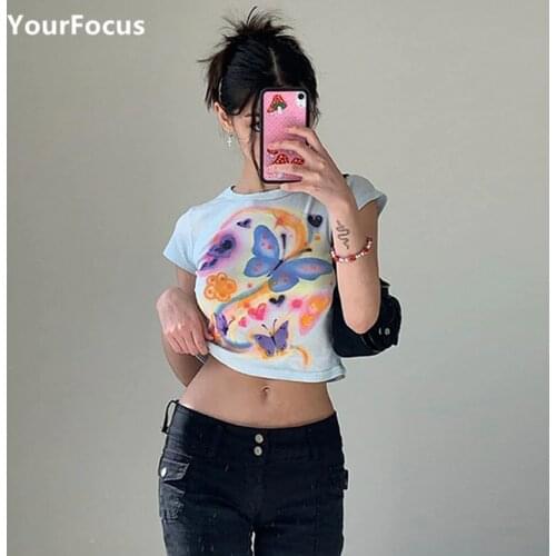 Summer Aesthetic Harajuku Y2k Top Femme Vintage Baby Blue Butterfly Painting Tie Dye Crop Top Women Kawaii Clothes Tshirt