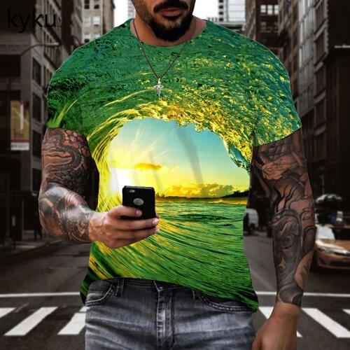 KYKU Waves T-shirt Men Ocean Tshirt Printed Sun Funny T shirts Green Shirt Print Mens Clothing T shirts New Streetwear Big Size