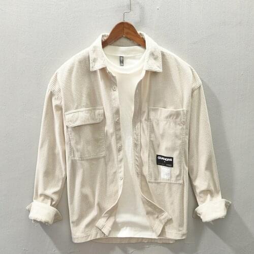 Z161 Autumn Winter Men Corduroy Jacket Fashion Urban Loose Patchwork Badge Retro Handsome Lapel Long Sleeve Pocket Black Coat