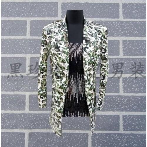 Men Suits Designs Camouflage medium-long Stage Costumes For Singers Men Sequin Blazer Dance Clothes Jacket Style Dress Fashio