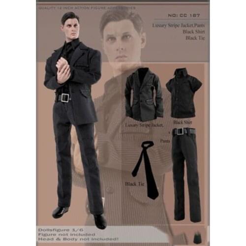 1/6 CC187 Gentleman Black Striped Suit Coat Pants Tie and Shirt Set Models For 12'' Figures Bodies Accessories