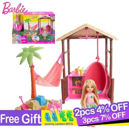 Original Barbie Chelsea Doll Tiki Hut Travel-Themed Playset Sand Toy Doll Accessories Girls Dolls House Toys for Children Boneca