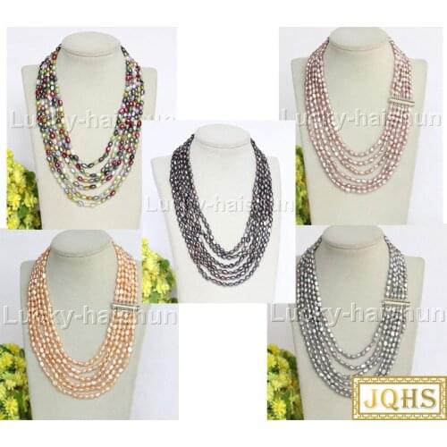 JQHS 17" 6row Baroque rice Gray pink purple black Multicolor freshwater pearls Necklace j12243