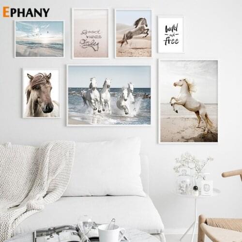 Nature Ocean Landscape Canvas Print Scandinavian Wild Horse Painting Poster Nordic Wall Art Picture Modern Home Decoration