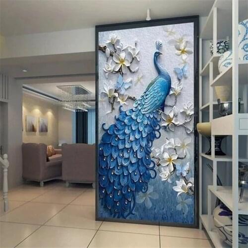 Custom 3d photo murals modern fresh embossed oil painting peacock porch background decorative Self Adhesive wallpaper Waterproof