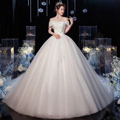 Ezkuntza 2021 Simple Wedding Dress Sweep Train Tulle Boat Neck Lace Up Ball Gown Princess Wedding Dresses Vestido De Noiva