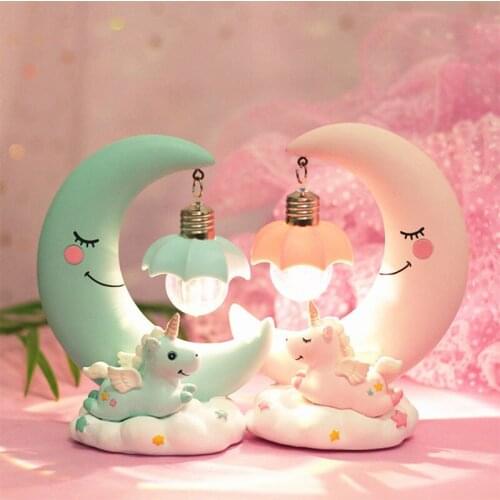 LED Night Light Unicorn Moon Resin Cartoon Night Lamp Bedroom Baby Nursery Decor Table Light Kids Birthday Christmas Gift Lamp