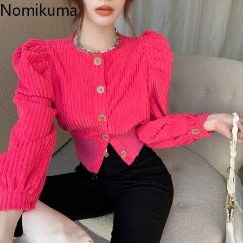Nomikuma Corduroy Coat Korean Puff Long Sleeve Women Jacket 2021 Spring New Single Breasted Solid Short Outerwear 6D884