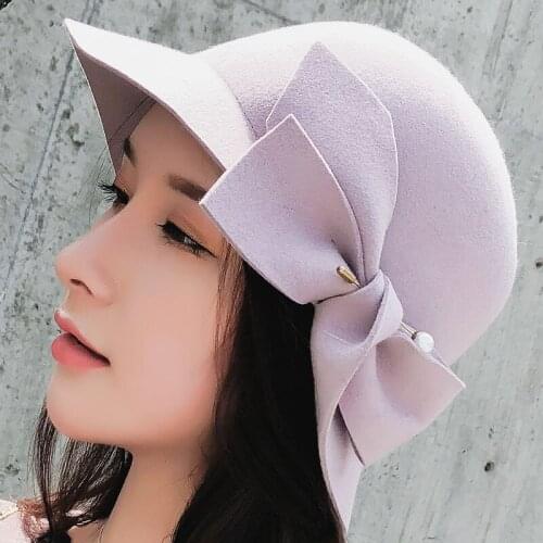 SUOGRY 2018 Winter Elegant Wool Fedoras Hat Female Dome Brim Fold Bow Wool Felt Hats Charming Solid Floral Women Fedora Cap