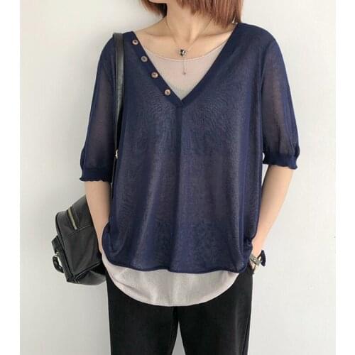 Fake 2 Pieces Cotton Linen Knitted Women T-Shirts Summer Vintage 2021 V-Neck Half Sleeved Loose Casual Female Pulls Outwear Tops
