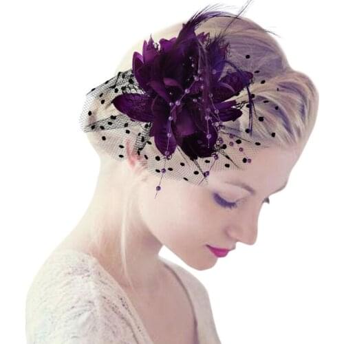 Women Bridal Mesh Bow Feather Beads Wedding Fascinator Dot Veil Hair Clip Brooch Au02 21 Dropshipping Au02 21 Dropshipping