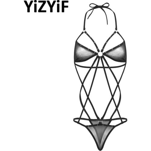 Women One-piece Thong Leotard Bodysuit Sexy See Through Sheer Mesh Erotic Lingerie Halter Neck Strappy Sexy Bodysuit Lingerie