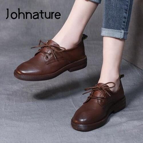 Johnature Pumps Women Shoes 2021 New Spring/Autumn Lace-Up Retro Genuine Leather Round Toe Handmade Concise Shallow Ladies Shoes