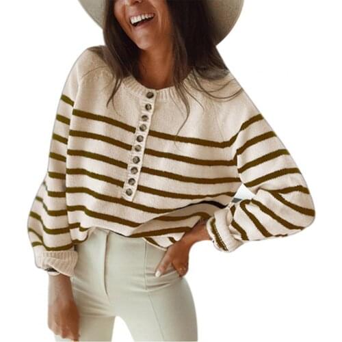 Women Open Stitch Sweater 2021 Horizontal Stripes Single Breasted Autumn Winter Knitted Long Sleeve Top Pullover Streetwear