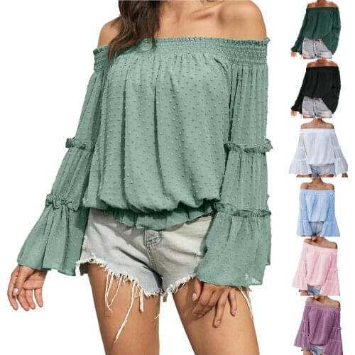 Woman Cute Dot Casual Top Round Neck Eye-catching Chiffon Top Elegant One Word Shoulder Pure Color Loose Chiffon Shirt Top