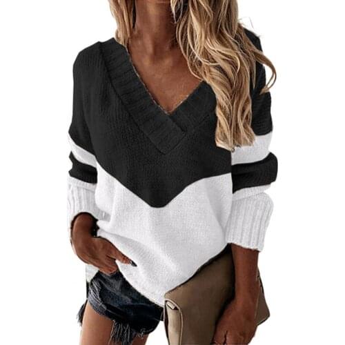 Women Loose Sweater Contrast Color Patchwork Autumn Winter V Neck Long Sleeve Knitted Pullover Top Streetwear