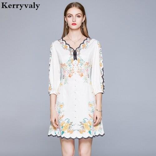 Summer Wave Edge V-neck Single-Breasted Slim Floral Printed Retro Gothic Runway Short Party Dress Lange Jurken Ropa Mujer K3778