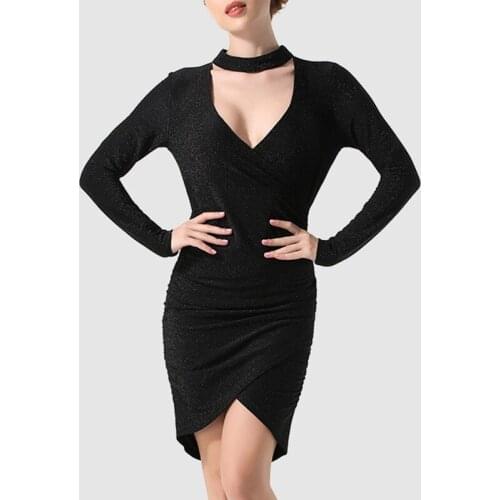 Latin Dance Dress Female Adult Black Dress Sexy Slim V-Neck 2020 Women Tango Clothing Professional Dance Practice Clothes I524