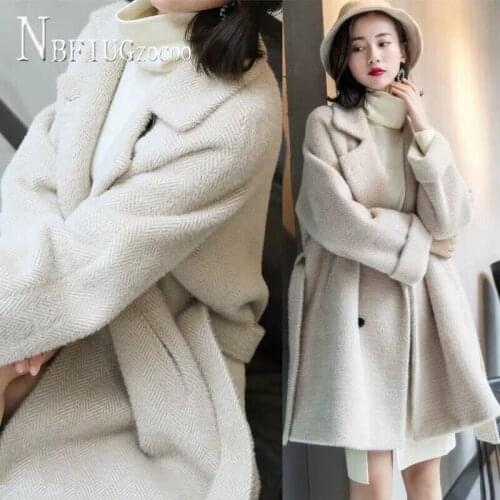 Grey And Beige Color Lapel Waist Strap Women Woolen Coat Winter Warm Female Overcoat