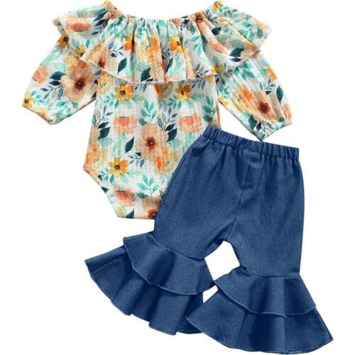 2021 0-18M Infant Baby GIrl Clothes Set Cute Floral Print Ruffle Off Shoulder Long Sleeve Romper+Denim Flare Pants Casual 2pcs