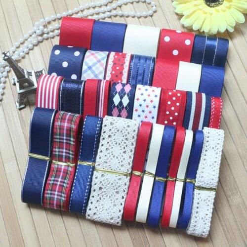 37 Yards/Set----DIY Hair Bow Material Red/Blue/Cream Color Mix Grosgrain Ribbon Set