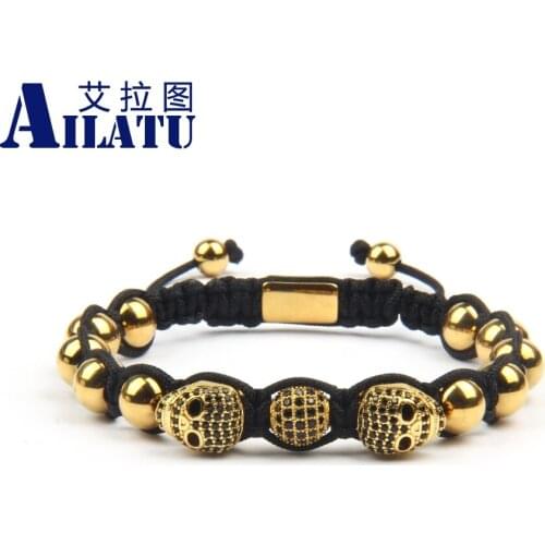 Luxury Skull Jewelry Black CZ Skeleton Macrame Bracelets 8mm Stainless Steel & Cat Eye Stone Rectangular Metal for Logo Service