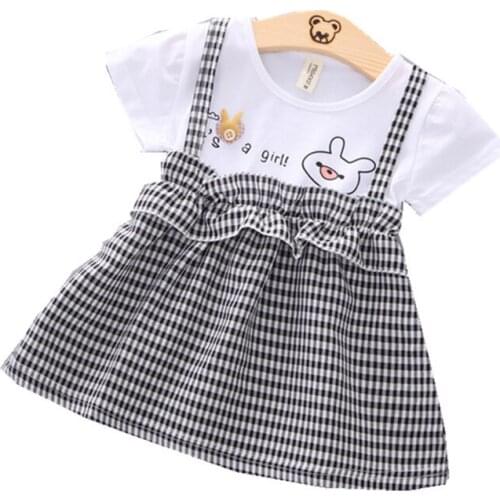 Children Summer Out Clothes Baby Girl Cartoon Printed Lattice Short Sleeve Dress One Piece Infant Kid Fashion Toddler Tracksuits
