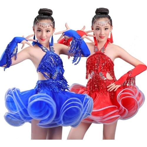 Child Latin Dance Costumes Sequin Fringe Modern Dancewear for Girls Ballroom Dance Competition Dresses Tango Cha Cha Costumes