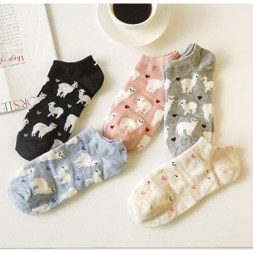 1Lot=5Pairs Adult Women Cotton Ankle Short Alpaca Socks Vicugna Pacos Alpacas Lama alpacos Animal Grass Mud Horse Dropshipping