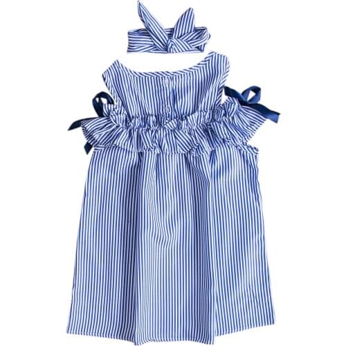 Summer Kids Girls Dress Off Shoulder Ruffles Striped Dress Daily Causal A-line Dress Headband Outfits