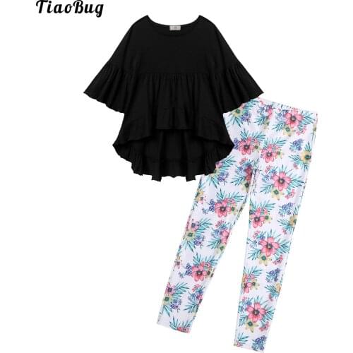Summer Kid Girl Fashion Round Neck Flared Long Sleeve High-Low Hem Ruffle Tops With Low Waist Patterns Printed Stretchy Leggings