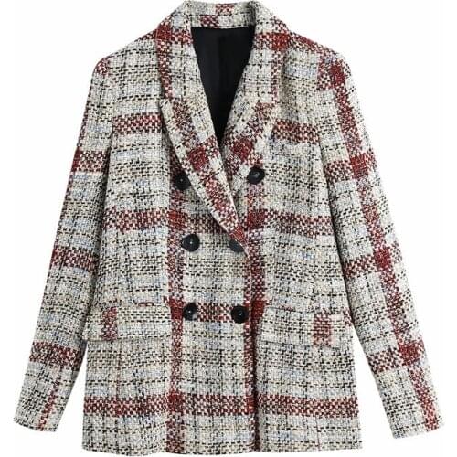 Merodi Women Autumn Vogue Plaid Za Long Blazer Jackets Female Winter Stylish Long Sleeve Double Breasted Thick Woolen Outwear