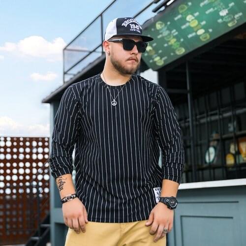 Mens Long Sleeve T-shirt 2020 Spring and Autumn New Loose Striped Long-sleeved T-shirt Round neck Long-sleeved T-shirt