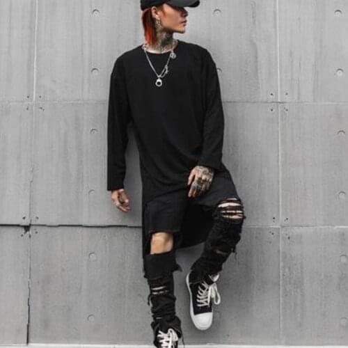 Men asymmetric design hip hop punk rock long sleeve t shirt streetwear DJ singer stage costume men harajuku loose tee shirts