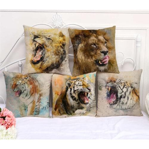 Throw Pillow Cases Watercolor Tiger Animal Face Cushion Cover 45x45cm Home Living Room Decoration Linen/Cotton Pillowcover Decor