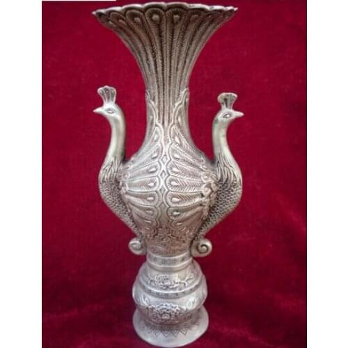 Very rare Chinese collectible Ming Dynasty Silver peacock vintage vase copper tools wedding Brass Bronzeroom