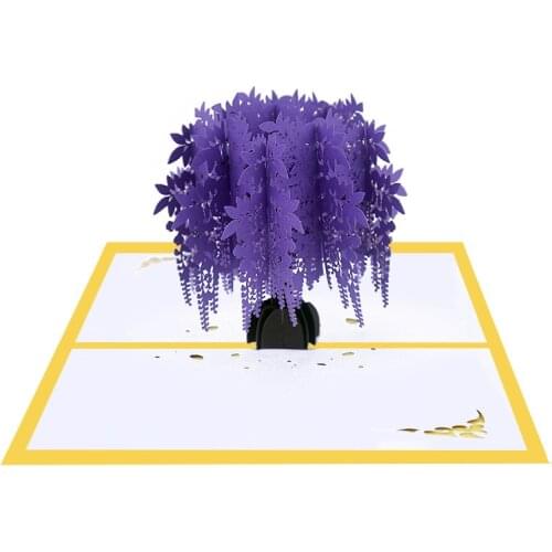 10pcs Wholesale 3D Handmade Yellow Cover Purple Wisteria Sinensis Paper Greeting Card Teachers' Day Mothers Day Birthday Gift