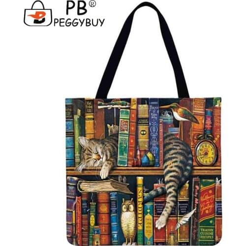 Portable Books and Cats Panda Cartoon Butterfly Printed Shoulder Shopping Tote Bag Casual Large Capacity Holiday Gift Handbags