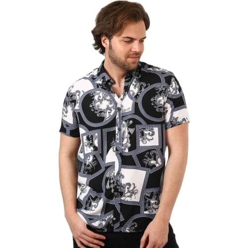 Black Mens Relax Fit Cropped Collar Summer Mens Short Sleeve Summer Mens Black Ethnic Pattern Colored Slimfit Viscose Shirt