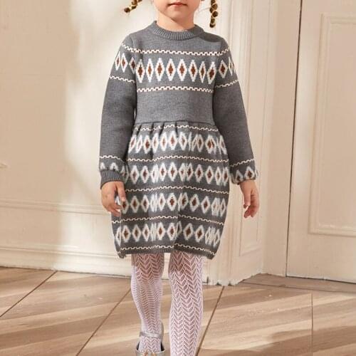 Girls Sweater 2021 New Fall Winter Long-sleeved Knit Sweater Geometric Print Dress Toddler Fall Clothes Girls Winter Clothes