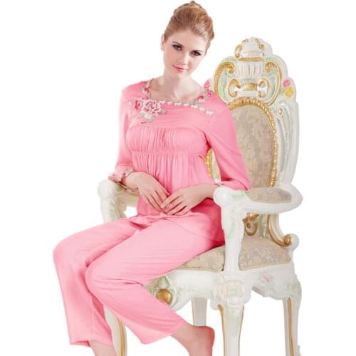 Pullover Sleepwear Womens Cotton Pajamas Set Embroidered Lace Cotton Home Clothes