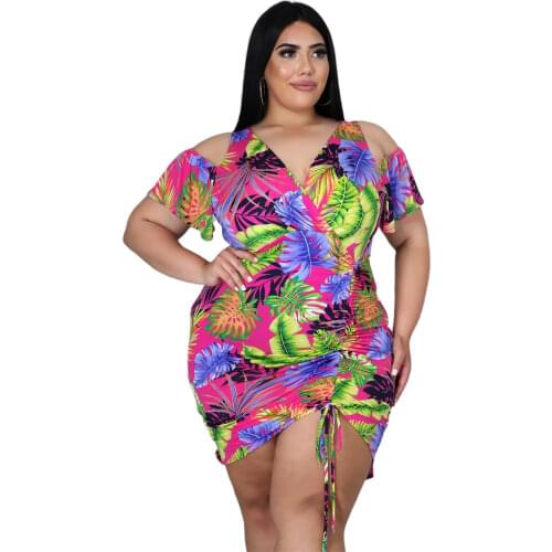 XL-5XL Summer 2021 Plus Size Sexy Dress Fashion Printing Pleated Print Strapless Hollow Out Club Dresses Wholesale Dropshipping