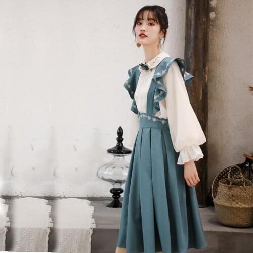 2019 new fashion womens two piece set France retro blouse+ strap dress female