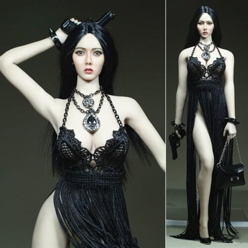 1/6 Female Sexy Sling Black Fringed Dress Halter Corset Backless Skirt Necklace Bracelet Leather Bag for 12 inch Action Figure