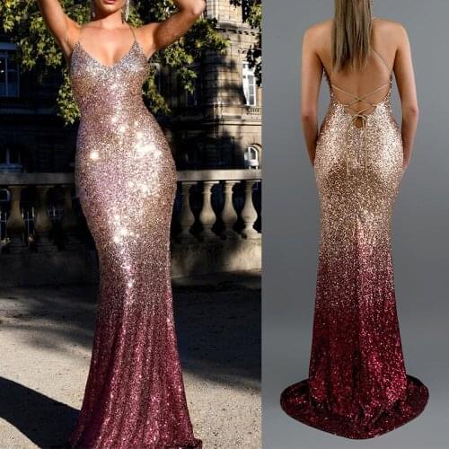 Sexy Prom Dress V-neck Sling Sequined Gradient Mermaid Prom Long Party Dress Vestidos De Fiesta Elegante Vestido de lentejuelas