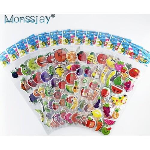 12 sheets/set Lovely Cartoon Fruit Sticker 3D Cute PVC Bubble Stickers For Kindergarten Children Boy Girl Toy Gift