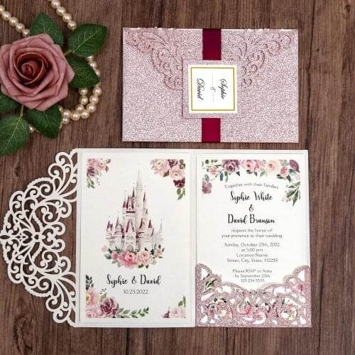 50pcs Rose Gold Custom Glitter Laser Cut Hollow Wedding Invitations with Ribbon, Tag, Envelope for Wedding Bridal Shower