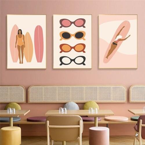 Boho Abstract Surfing Girl Canvas Painting Summer Beach Sun Wall Art Poster Print Nordic Minimalist Picture for Home Decor