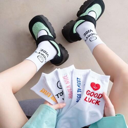 White Girl Socks Womens Tube Socks Summer Thin Cotton Socks Trendy Korean Cute Stockings Street Kawaii Love Smiley Print Socks